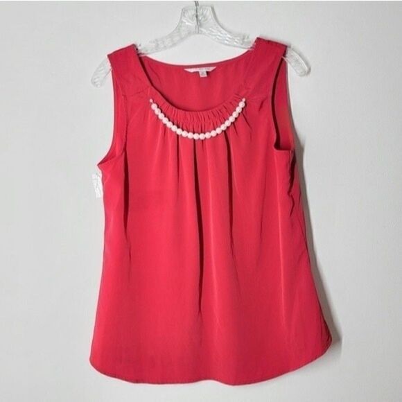 CROFT & BARROW Attached Pearl Necklace Sleevesless Red Blouse Size Medium - Picture 1 of 8